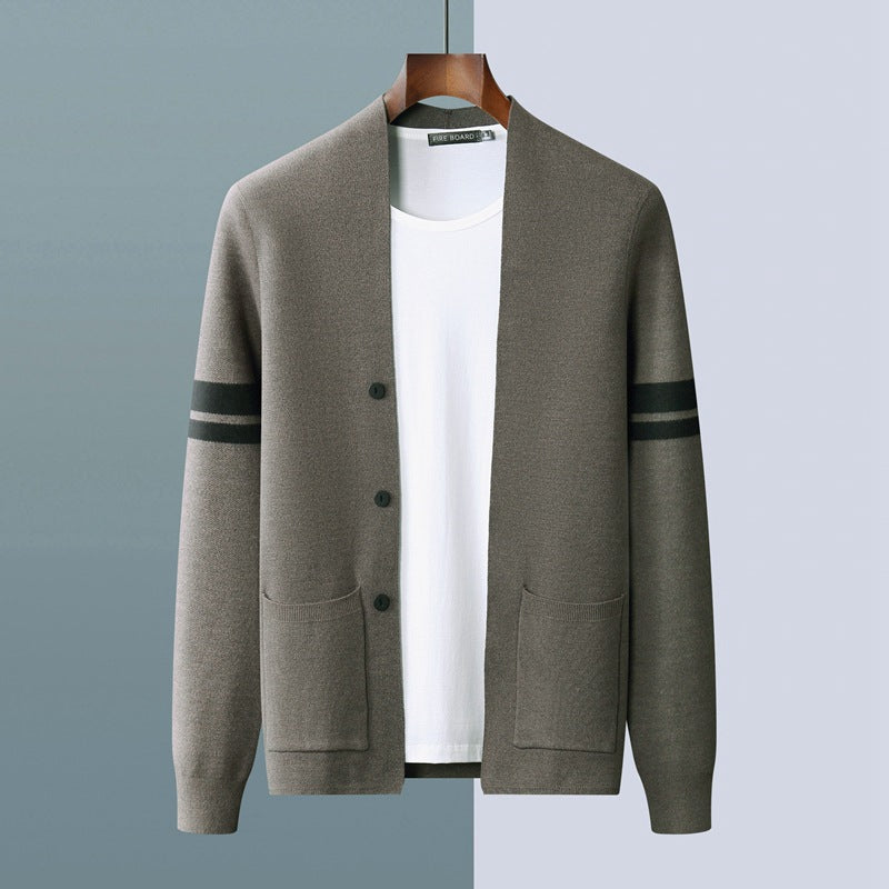 Men's gray knit button-front cardigan with front pockets, subtle stripe, smart-casual cotton-blend