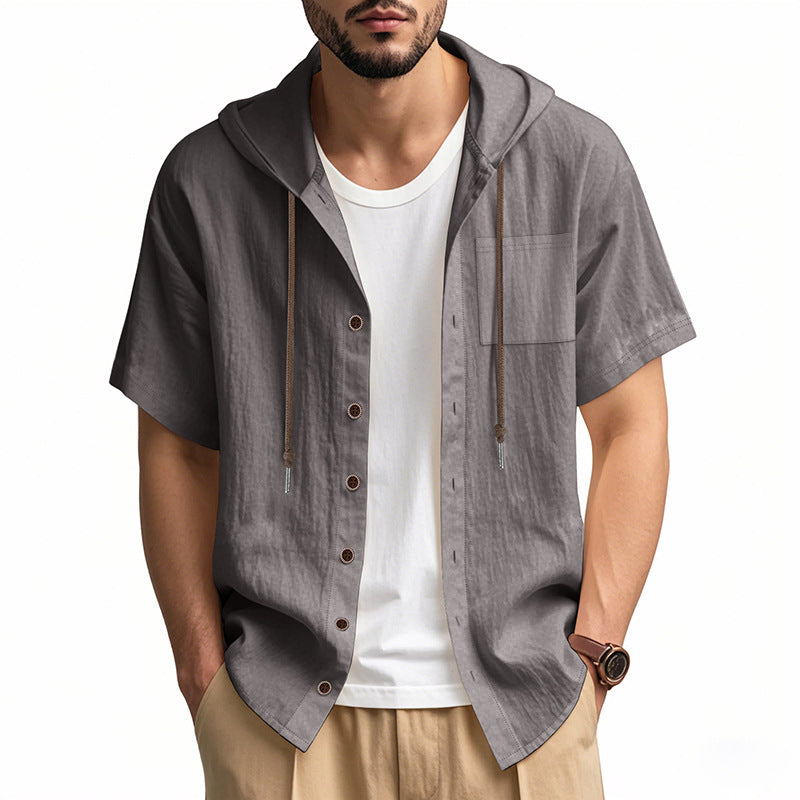 Men's linen-blend hoodie shirt short sleeves relaxed fit breathable beige casual summer top