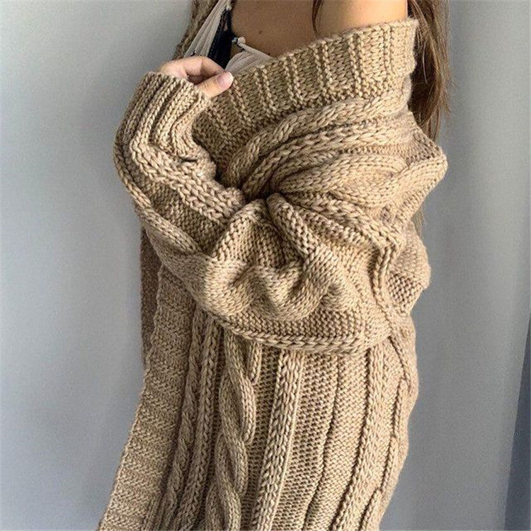 Women's oversized cable knit V-neck sweater wool blend long sleeves cozy winter style