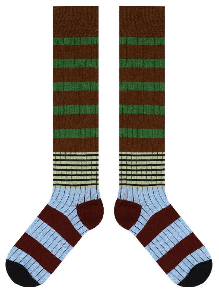 Women's striped knee-high socks breathable cotton retro-chic pattern for everyday wear
