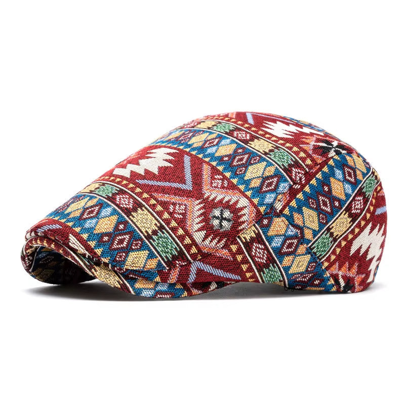 Men's Aztec jacquard flat cap with geometric tribal pattern, breathable fit, adjustable back strap