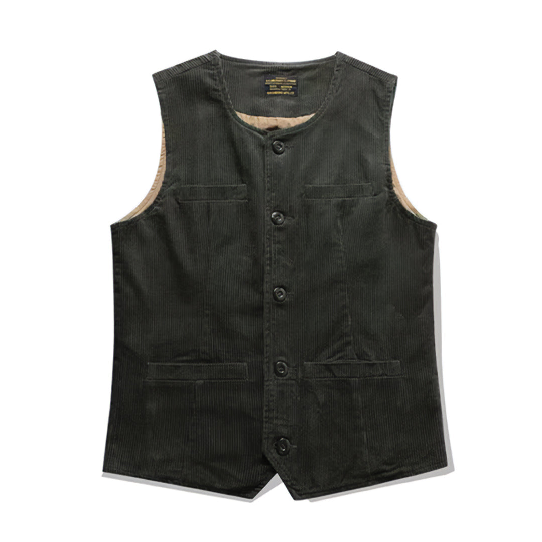 Men's brown corduroy slim fit western vest with multi-pocket utility design in rugged cowboy style