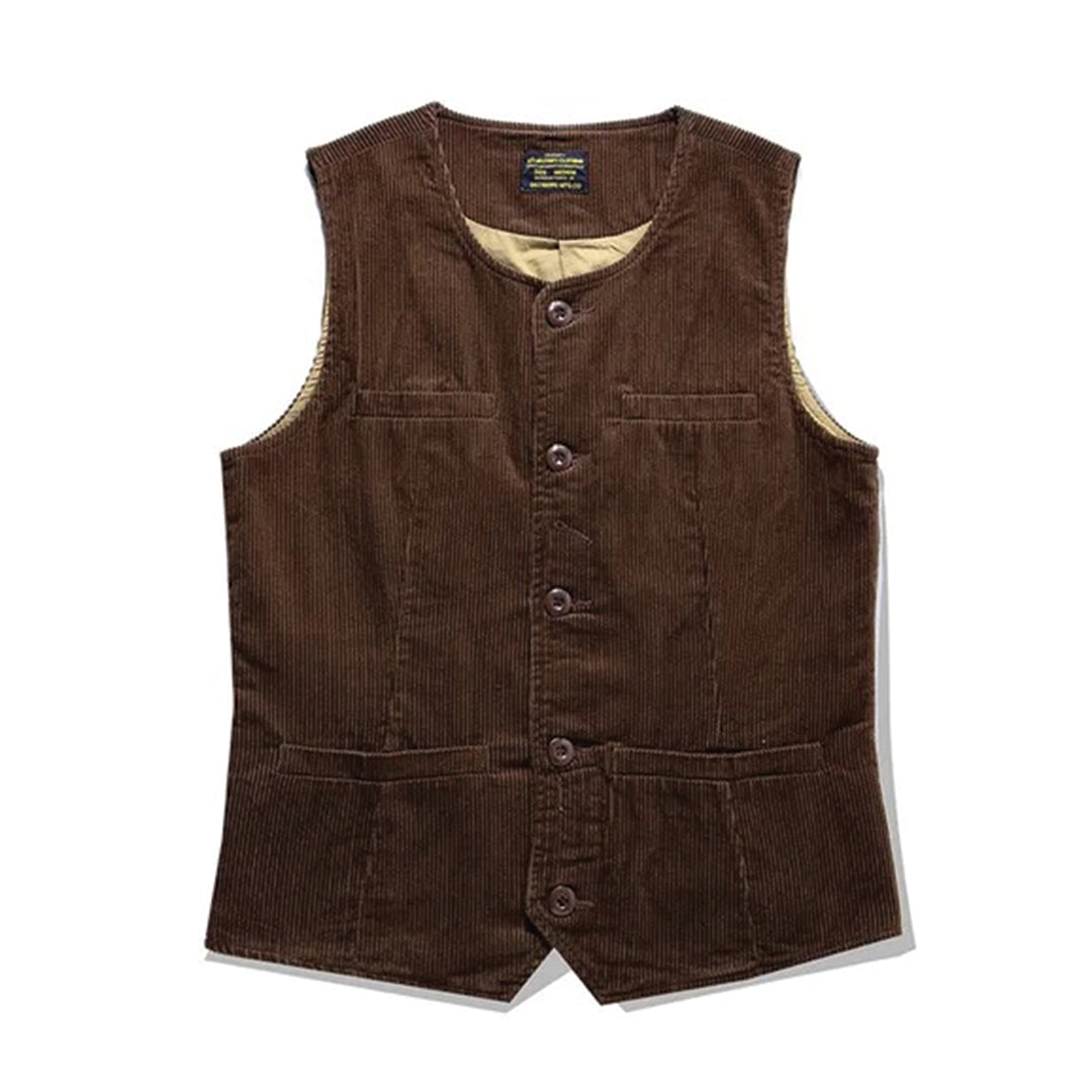 Men's brown corduroy western vest slim fit multi-pocket utility style soft cotton fabric