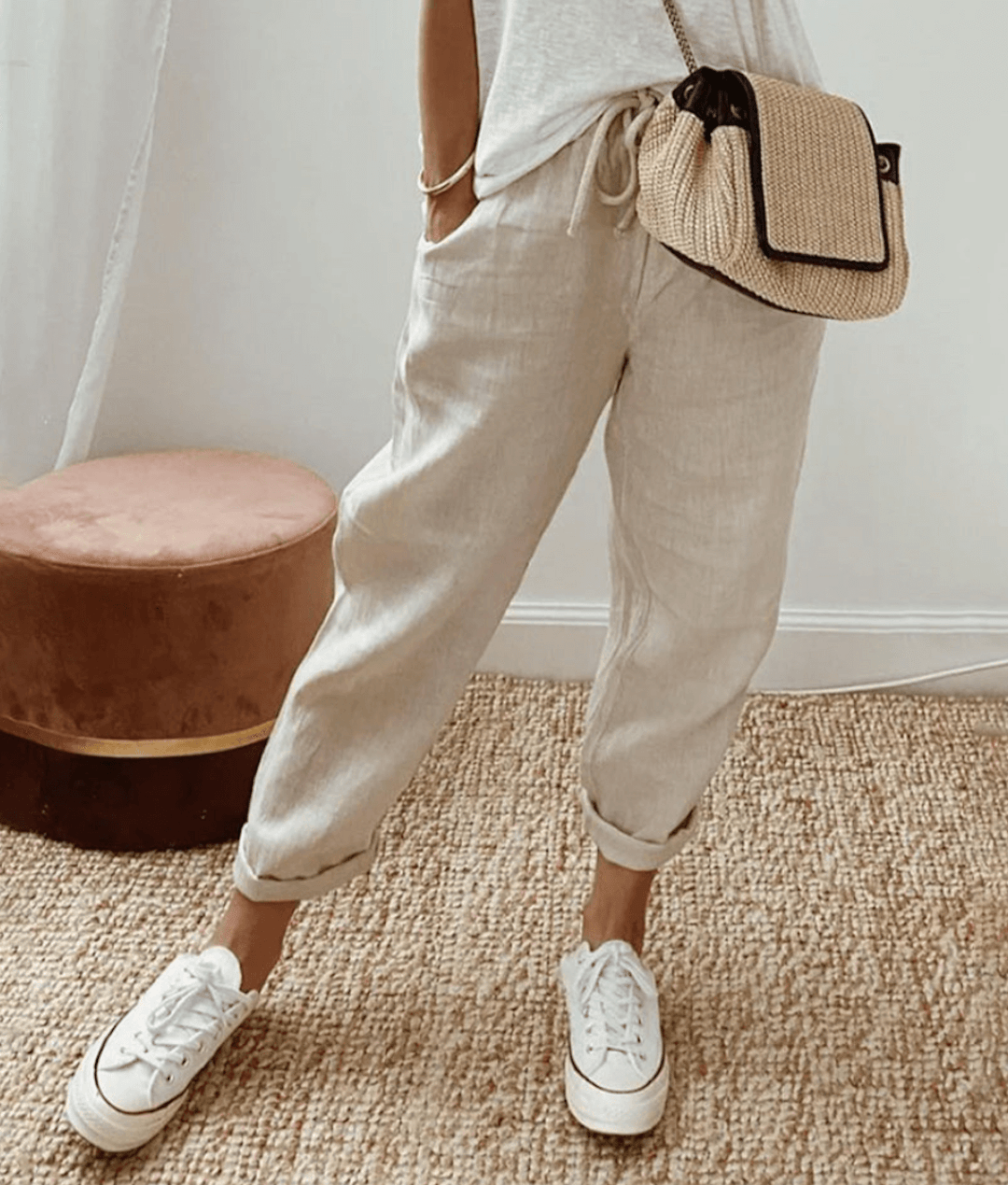 Beige cotton linen relaxed-fit pants with breathable fabric for all-day comfort