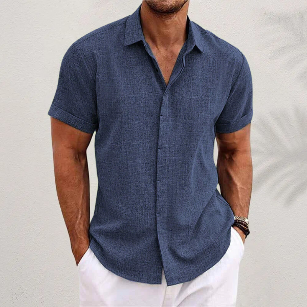 Men's casual cotton linen short sleeve button-up shirt, lightweight breathable summer style