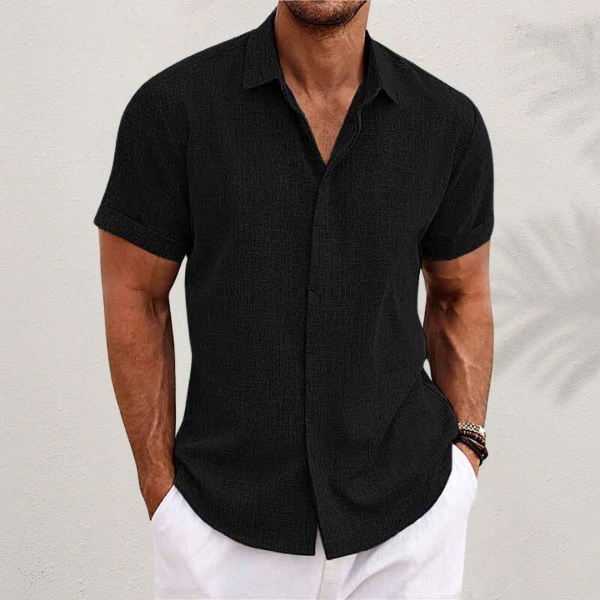Men's breathable cotton-linen casual short sleeve button-up shirt for relaxed summer comfort