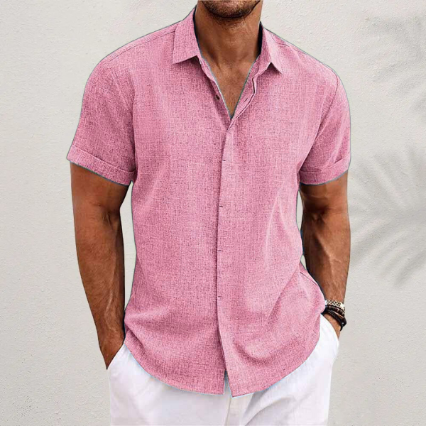 Men's casual cotton linen short sleeve button-up shirt, breathable textured fabric for summer comfort