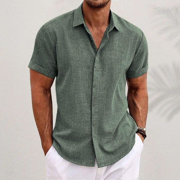 Men's casual cotton linen short sleeve button-up shirt breathable relaxed fit summer staple