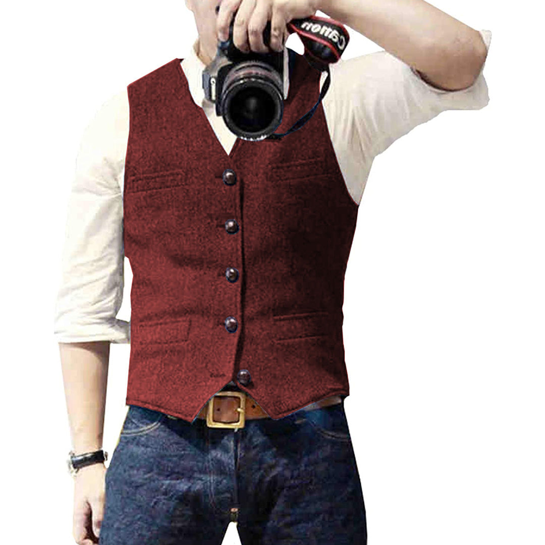 Men's slim fit denim vest in classic blue with button front closure and functional pockets