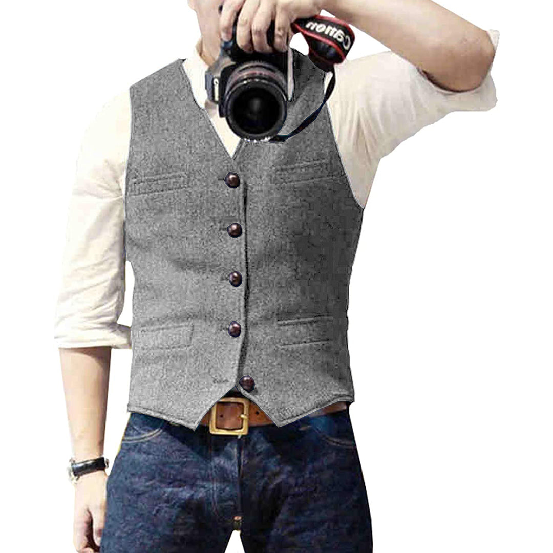 Men's slim fit denim vest in blue with button front closure and functional pockets for casual wear