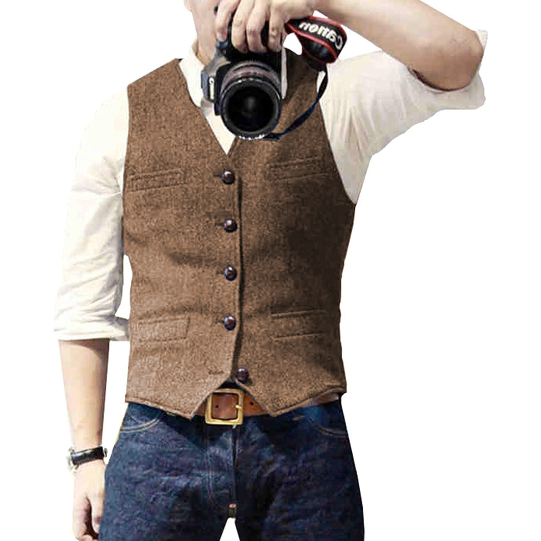Men's slim fit denim vest in blue with button front closure and functional pockets for casual wear
