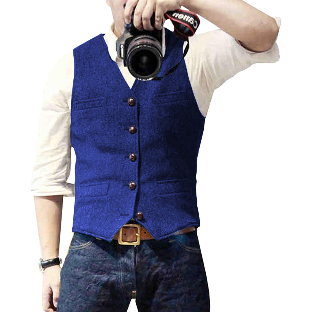 Men's slim fit denim vest in blue with button front closure and functional pockets for casual wear