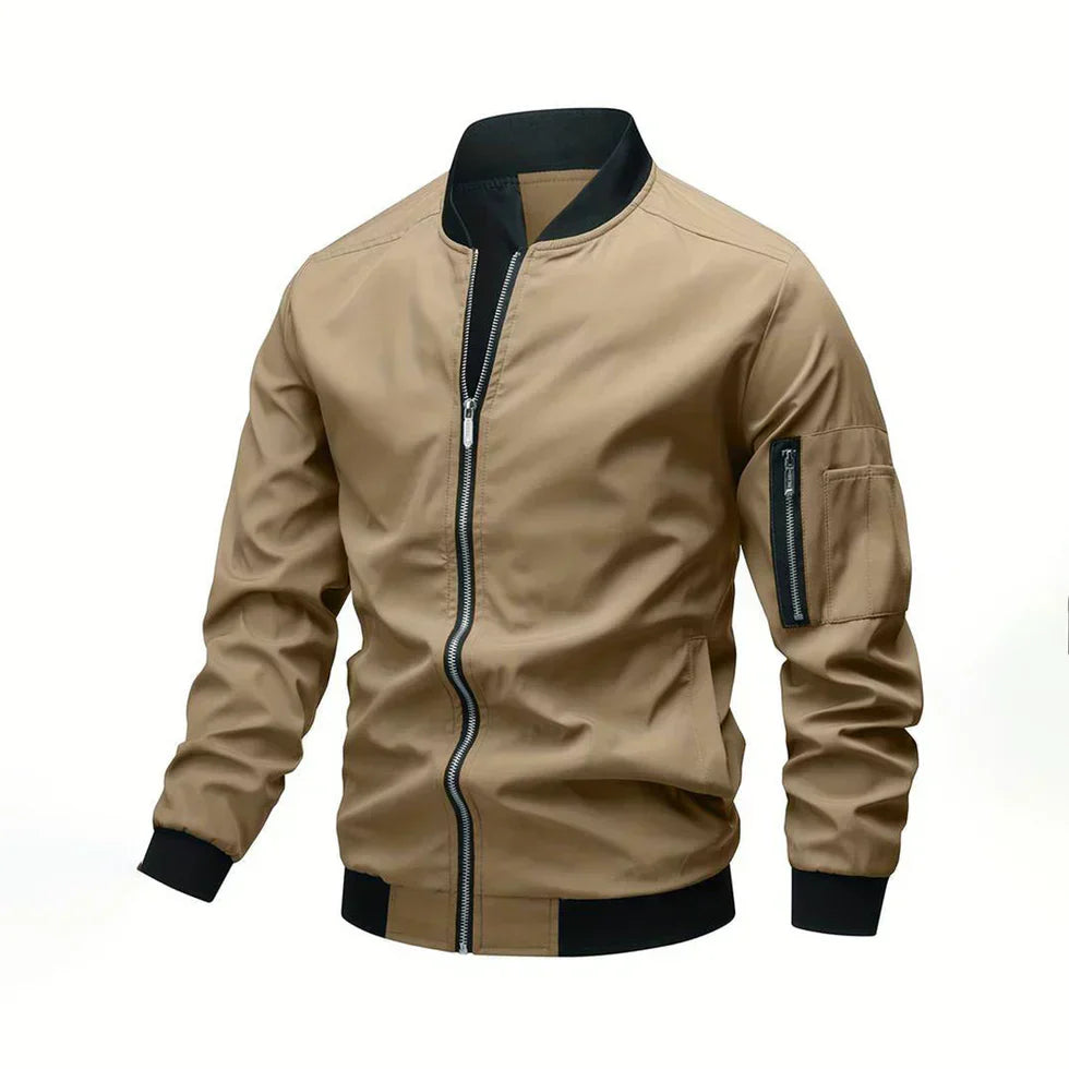 Men's Miller olive bomber jacket comfortable relaxed fit with ribbed cuffs and sustainable quality