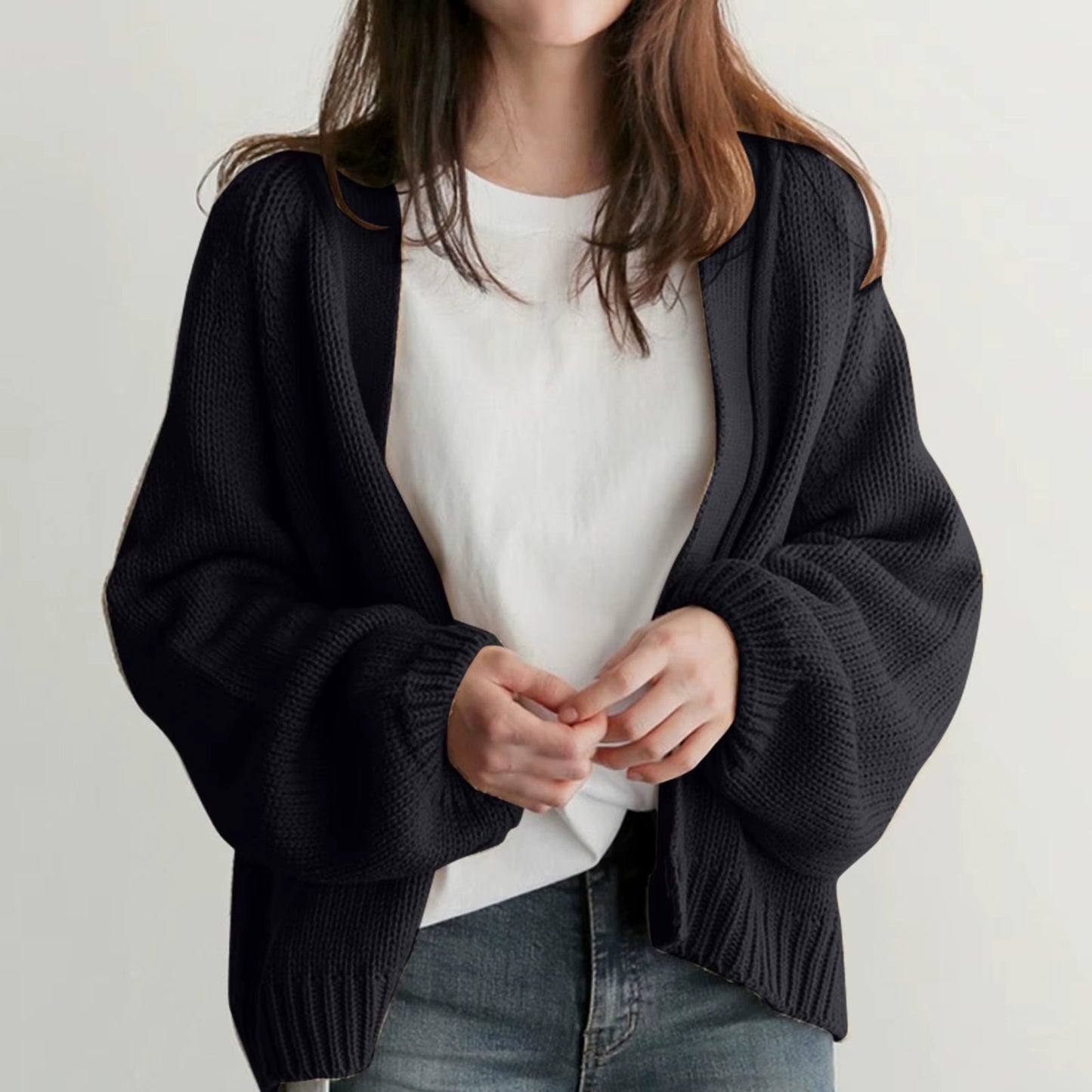 Women's beige open-front lounge knit cardigan with relaxed drop shoulder and cozy midweight fit