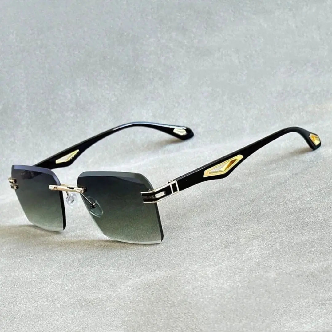 Black polarized rimless sunglasses with subtle gold details and UV400 protection for minimalist style