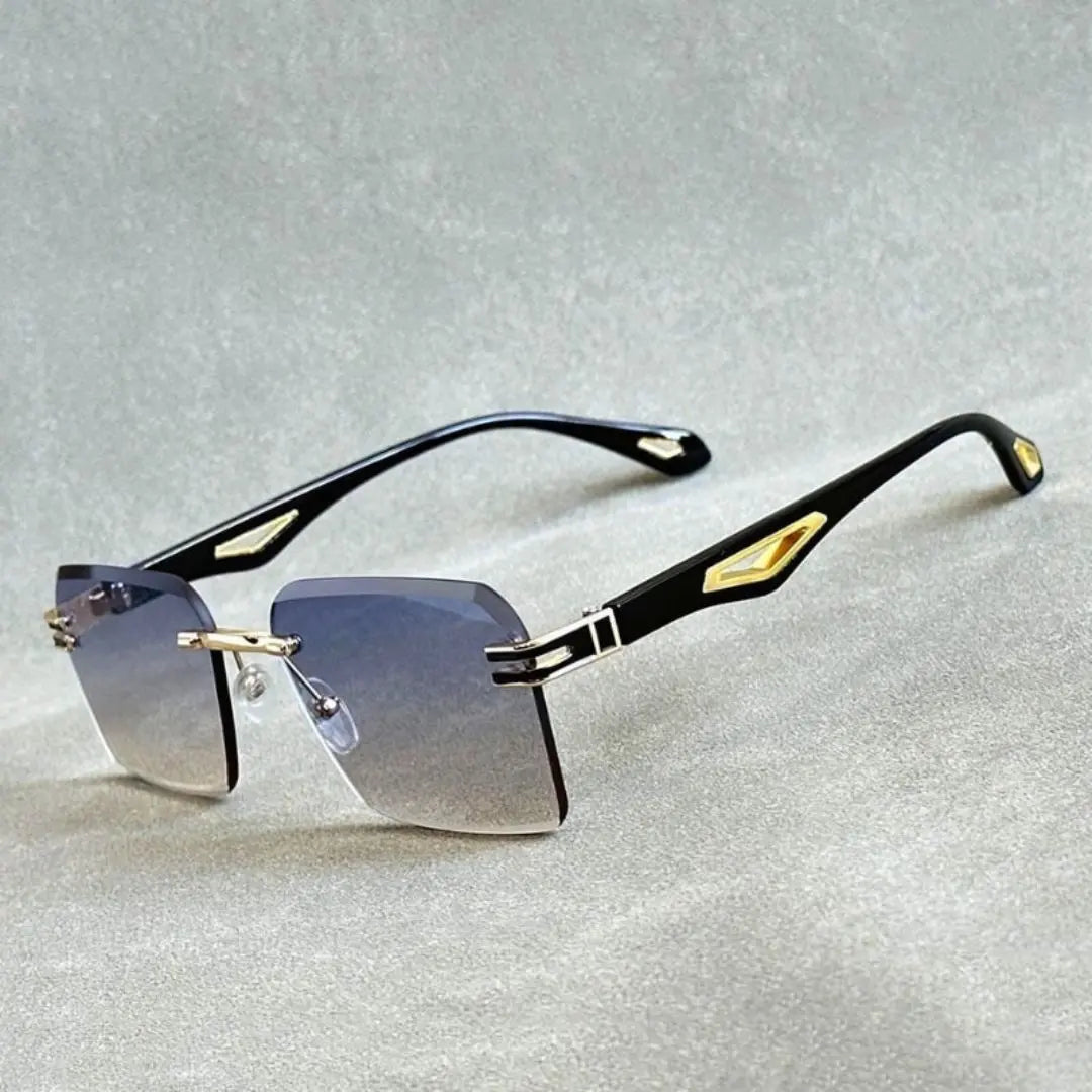 Polarized rimless sunglasses black lenses subtle gold details UV400 minimalist unisex eyewear