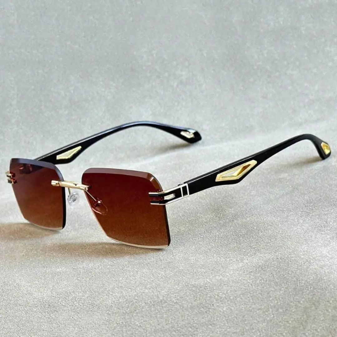 Polarized rimless sunglasses black minimalist frame subtle gold details UV400 eye protection unisex