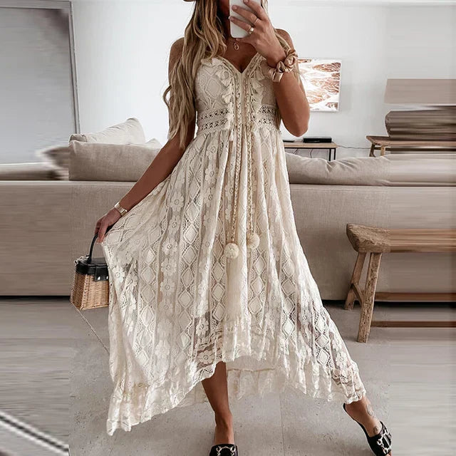 White lace midi dress with flattering V-neck silhouette, elegant and versatile for any occasion