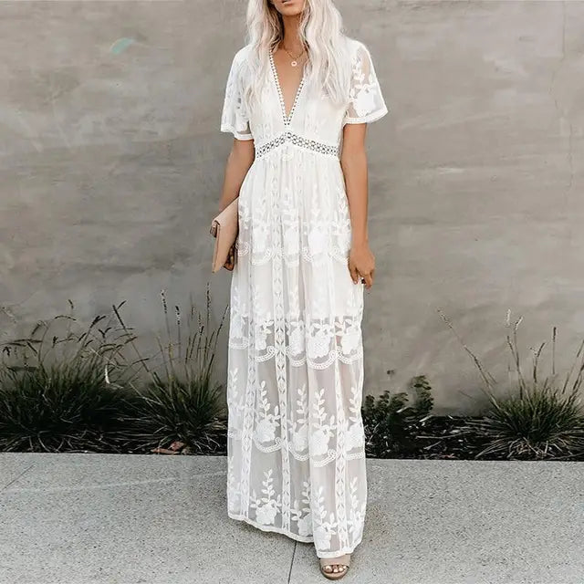 White lace V-neck midi dress elegant romantic silhouette flattering décolletage for special occasions
