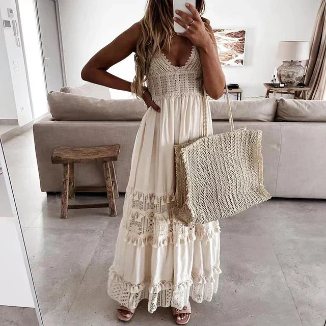 White lace V-neck midi dress elegant romantic silhouette flattering décolletage for special occasions