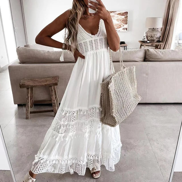 White lace midi dress with flattering V-neck, elegant and comfortable for all occasions