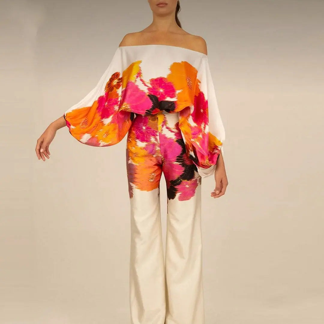 Women's off-shoulder two-piece summer set with lantern sleeves and romantic floral prints