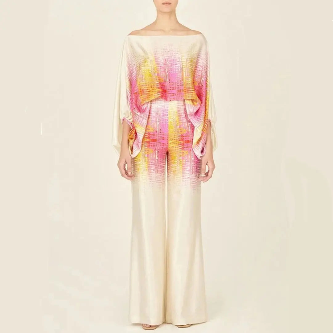 Women's off-shoulder two-piece summer set with lantern sleeves and romantic floral prints