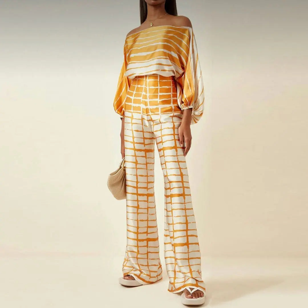 Women's off-shoulder two-piece summer set with lantern sleeves and romantic floral prints