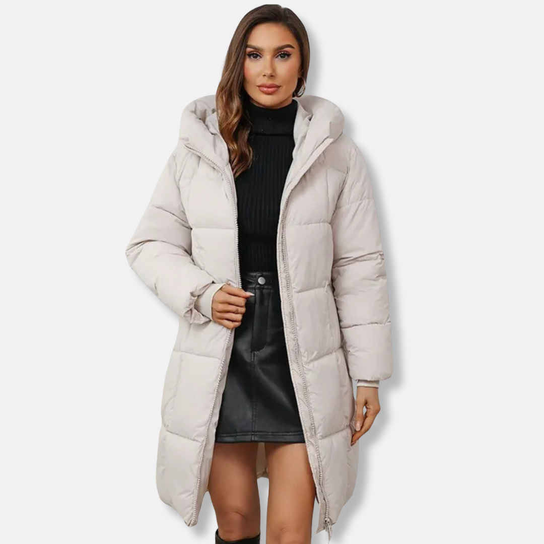 Women's quilted puffer coat hooded insulated above-knee length cozy winter outerwear