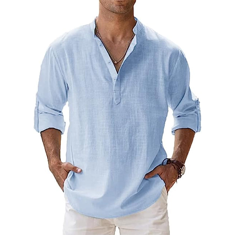 Men's white linen Henley shirt relaxed fit breathable lightweight spring summer elegant style