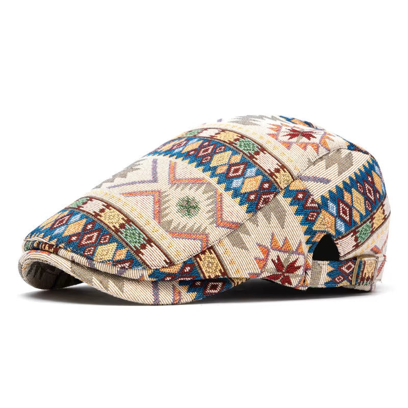 Men's aztec jacquard flat cap geometric tribal pattern breathable adjustable back strap