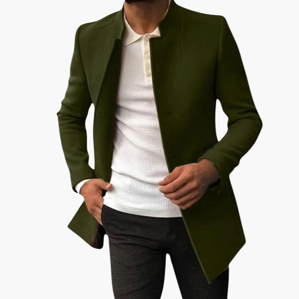 Men's navy blue tailored blazer coat with modern slim fit and lightweight transitional design