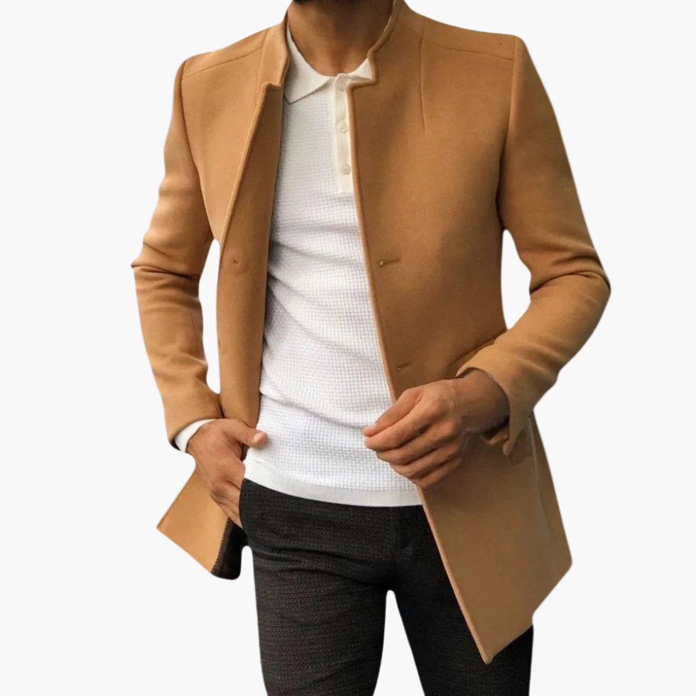 Men's navy blue tailored blazer coat modern slim fit with polished business-casual silhouette