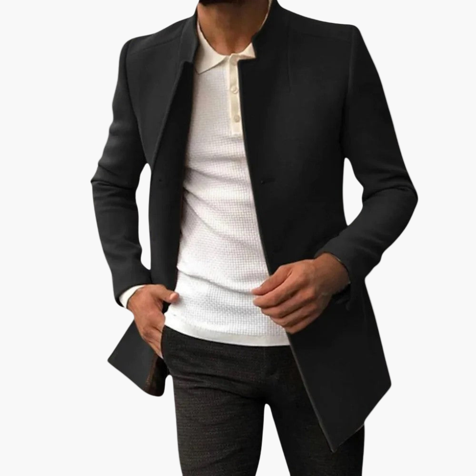 Men's navy blue tailored blazer coat slim-fit modern transitional style for business and leisure