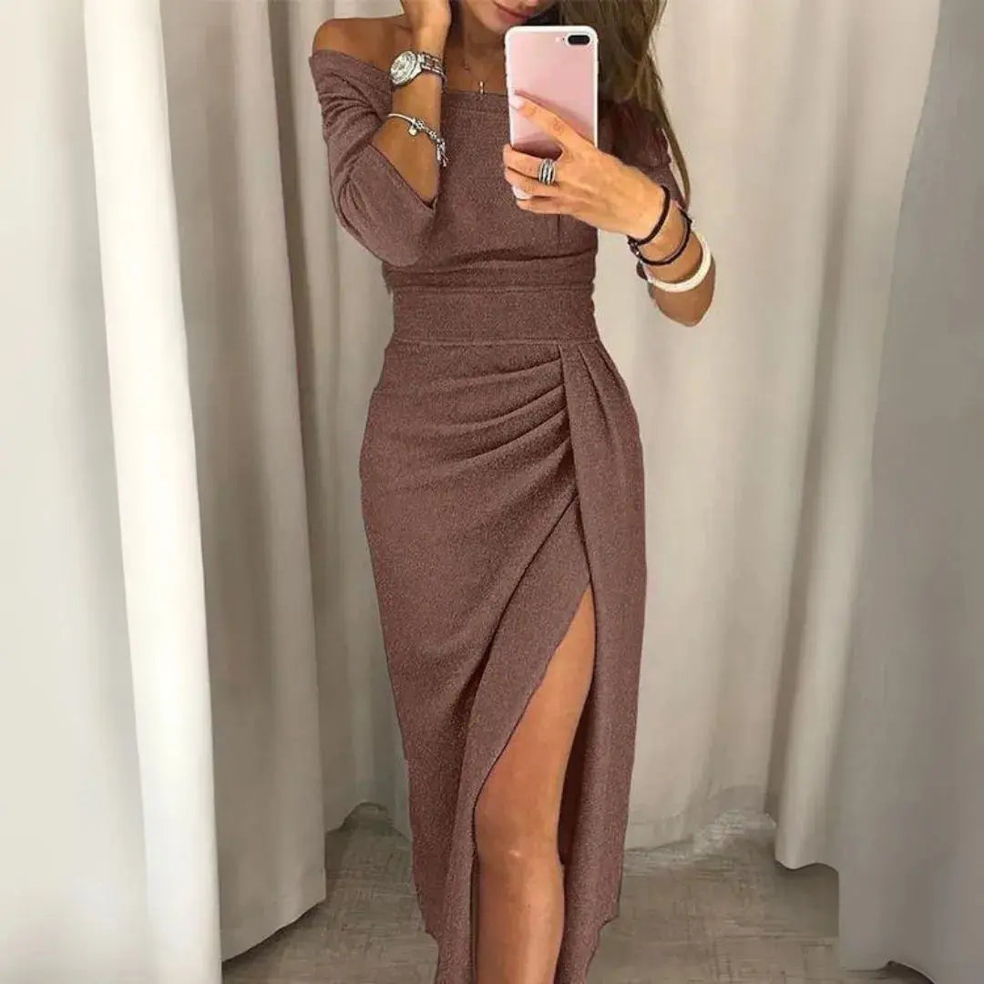 Silver glitter off-shoulder bodycon midi dress with ruched waist and thigh slit