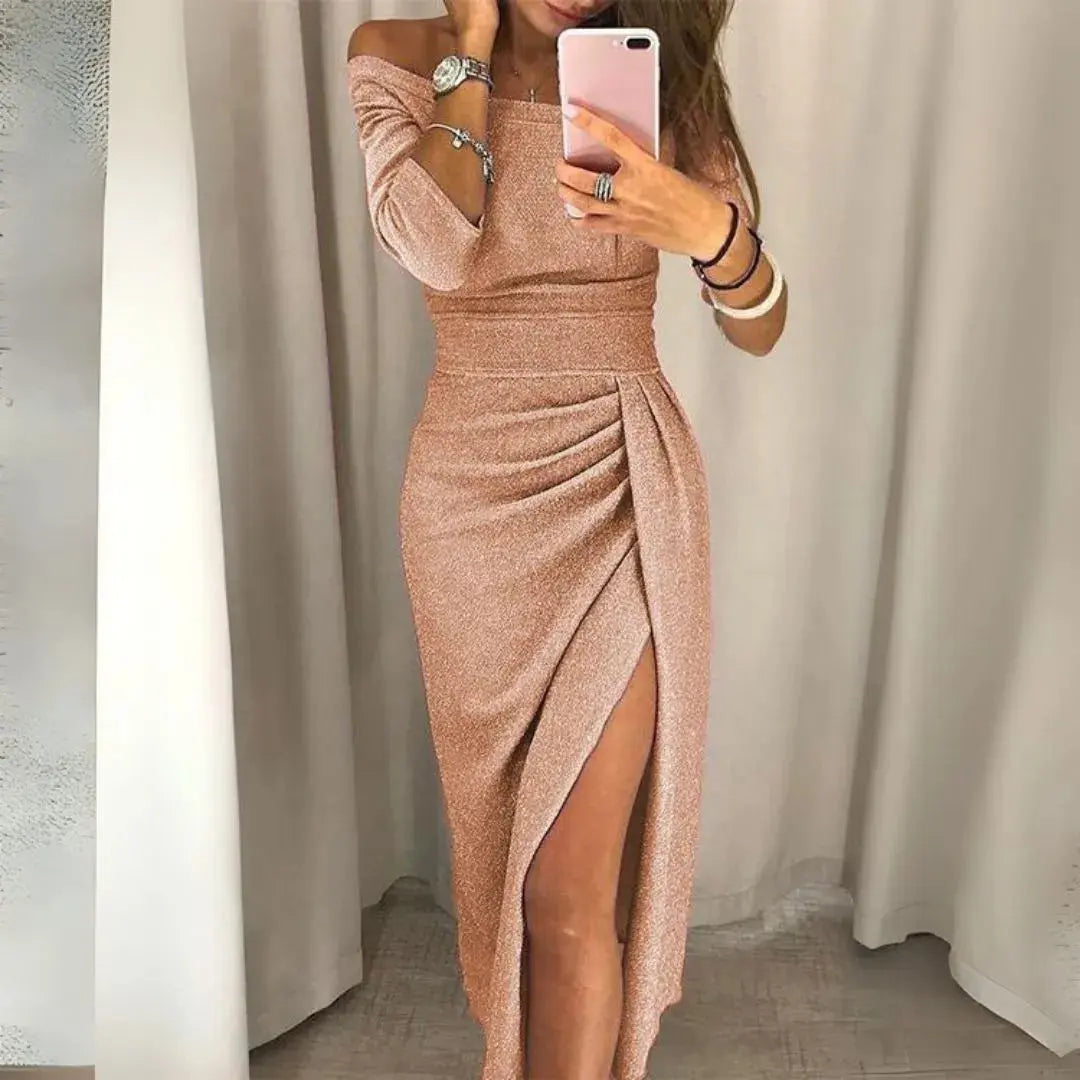 Silver glitter off-shoulder bodycon midi dress with ruched waist and thigh slit