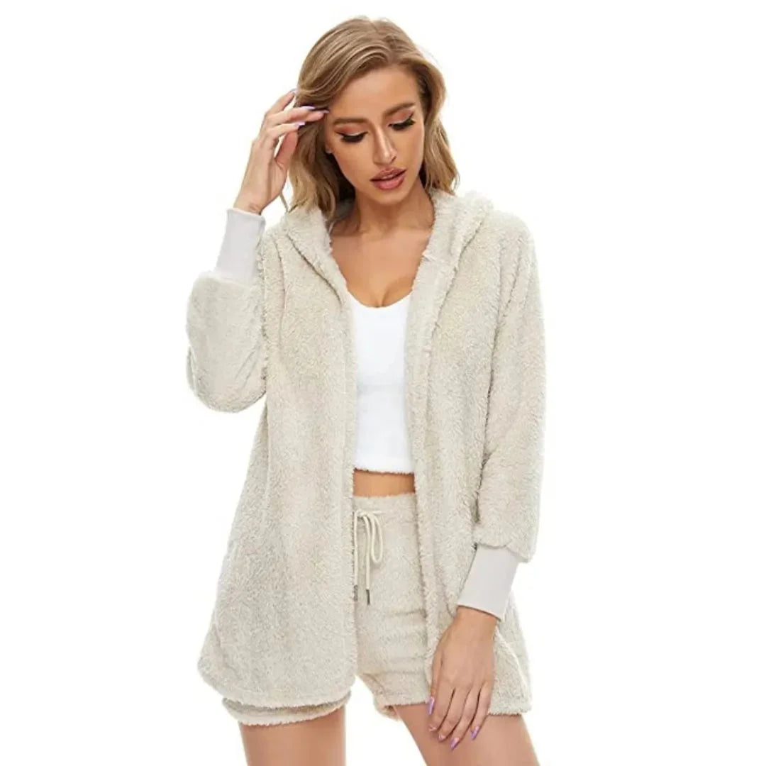 Women's ultrasoft 3-piece loungewear set hooded cardigan cropped tank drawstring shorts cozy plush