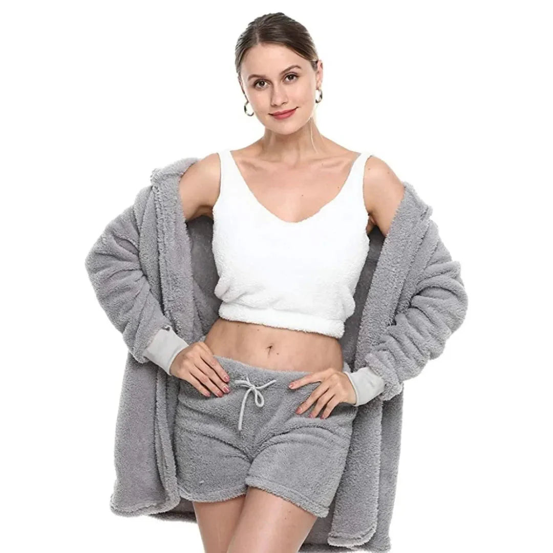 Women's ultrasoft 3-piece loungewear set hooded cardigan cropped tank drawstring shorts cozy plush