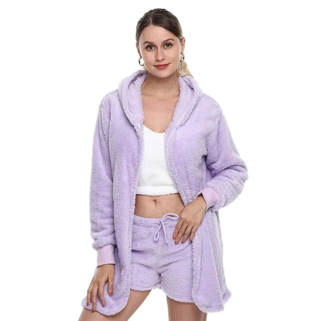 Women's ultrasoft 3-piece loungewear set hooded cardigan cropped tank drawstring shorts cozy plush