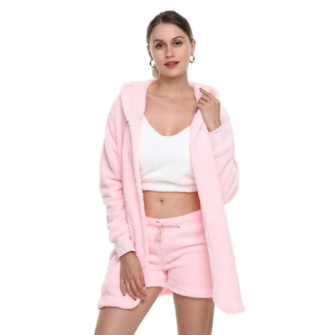 Women's ultrasoft 3-piece loungewear set hooded cardigan cropped tank drawstring shorts cozy plush