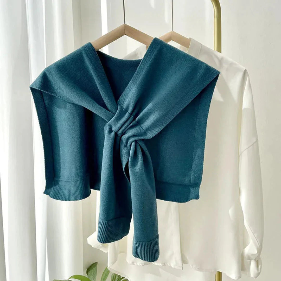 Women's preppy knit shawl wrap in neutral tone, silky soft tie-front layering piece for office travel