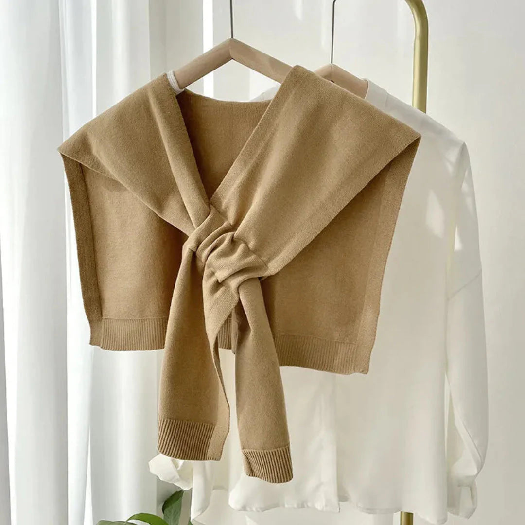 Women's preppy knit shawl wrap in neutral tone, silky-soft tie-front layering piece for office travel