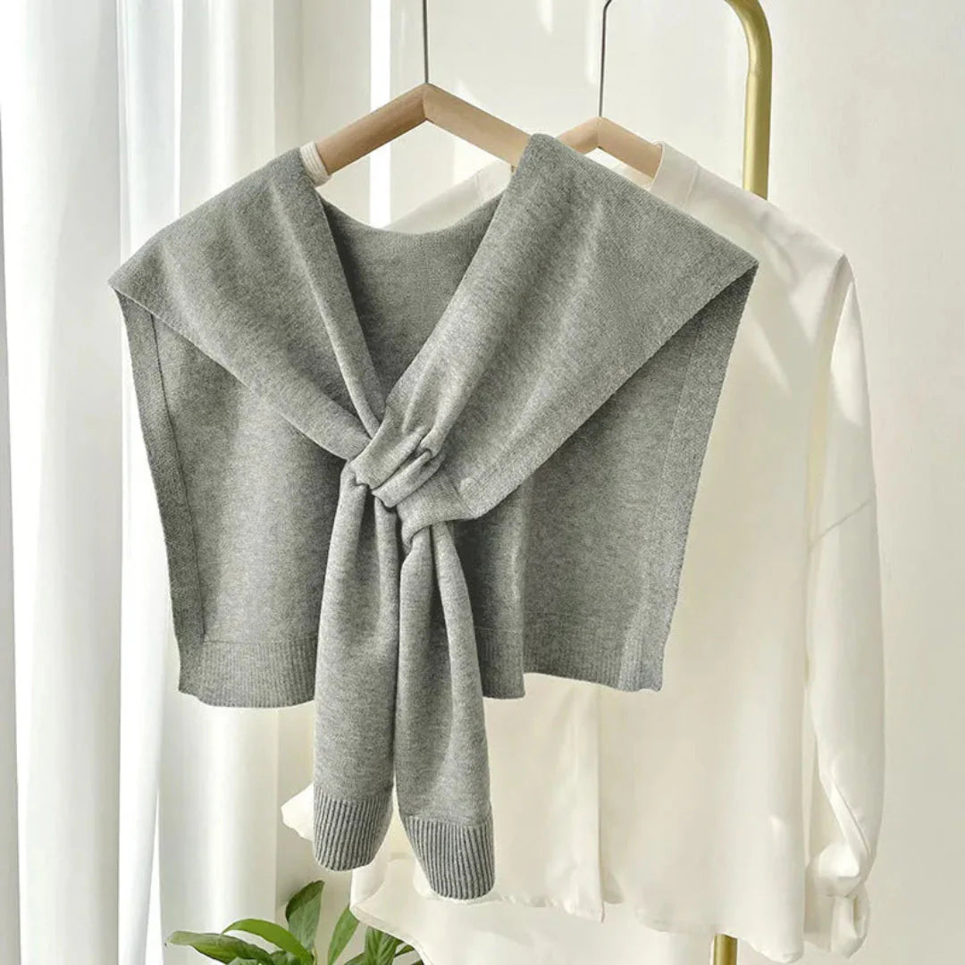 Women's preppy knit shawl wrap in neutral tone with silky soft tie-front draped silhouette