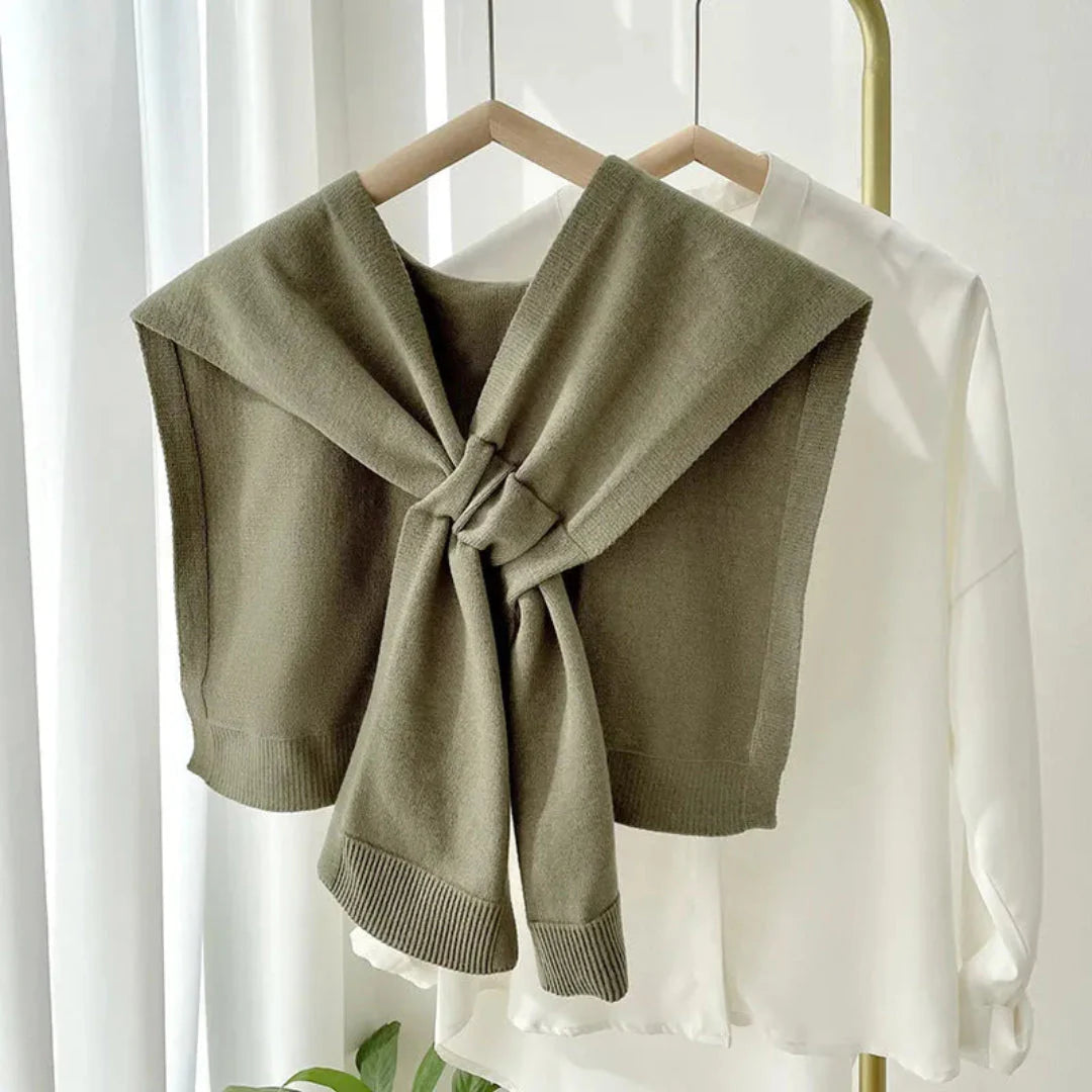 Women's preppy knit shawl wrap in neutral tone, silky-soft tie-front drape for office layering