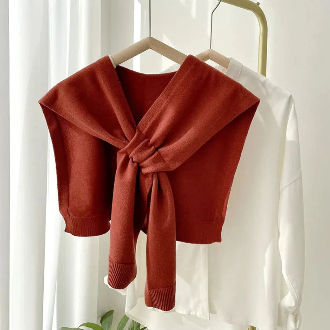 Women's preppy knit shawl wrap in neutral tone, silky-soft tie-front layering piece for office and travel
