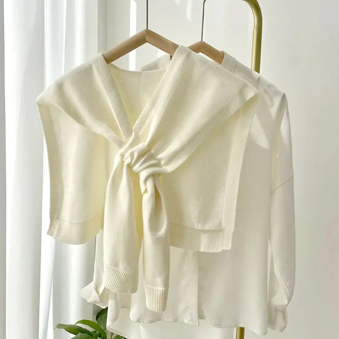Women's preppy knit shawl wrap in neutral tone, silky-soft tie-front layering piece for office and travel