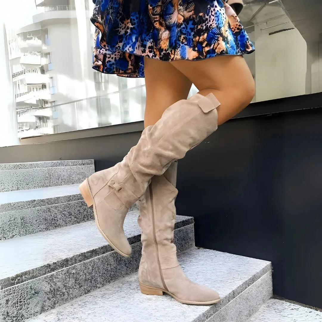 Women's slouchy knee-high suede boots with side zipper, relaxed silhouette for everyday elegant style