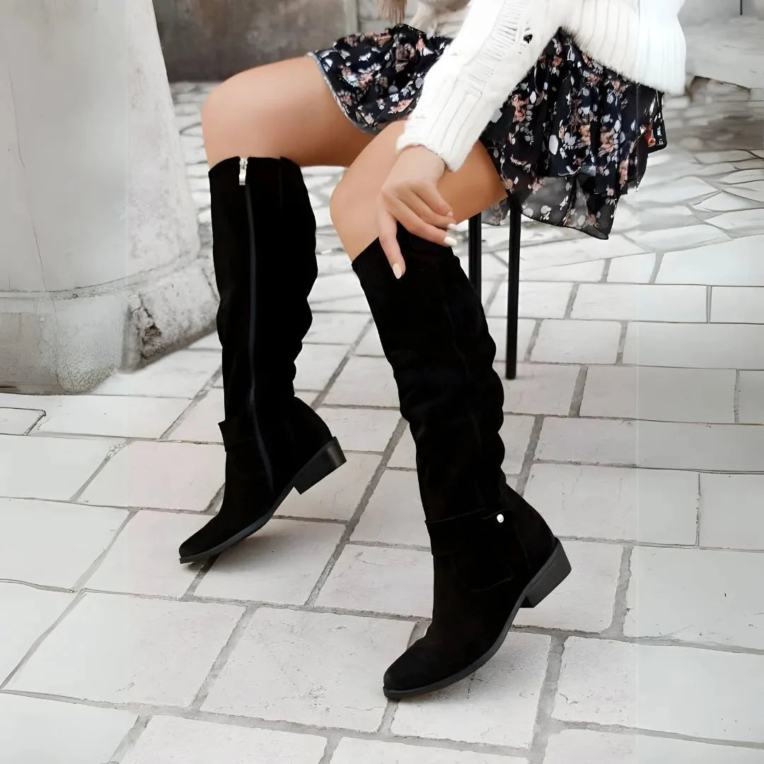 Women's slouchy knee-high suede boots with side zipper, relaxed silhouette in neutral tone