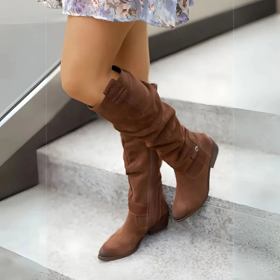 Women's slouchy knee-high suede boots with side zipper, relaxed silhouette for effortless everyday style