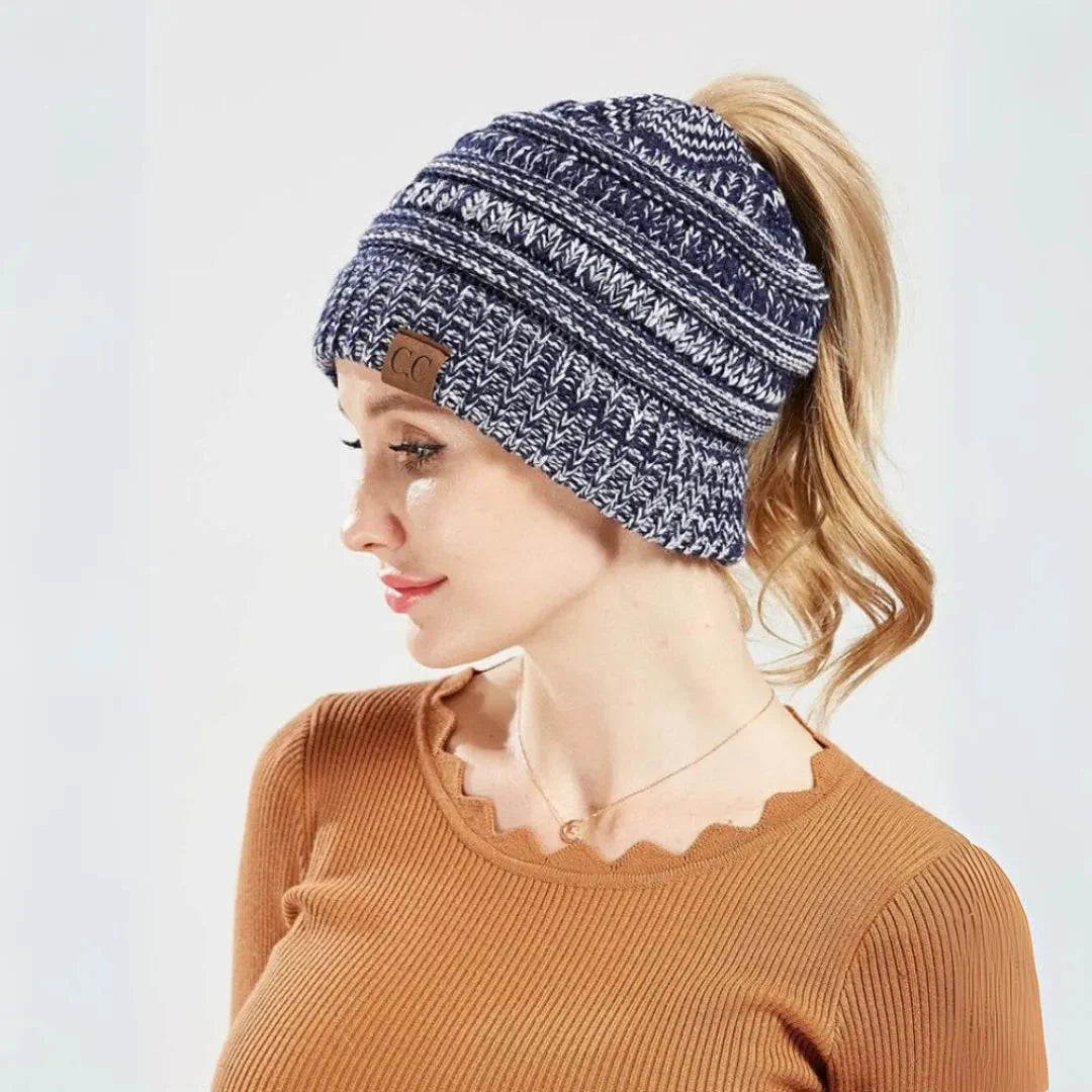 Olie chunky knit ponytail beanie for women with convenient hair slot opening